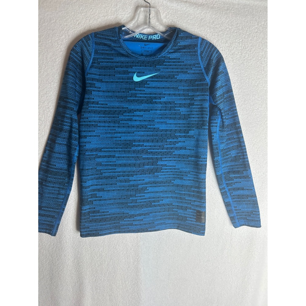 Nike Pro Dri-FIT Boys XL Blue Black Glitch Print Long Sleeve Fitted Shirt 856133
